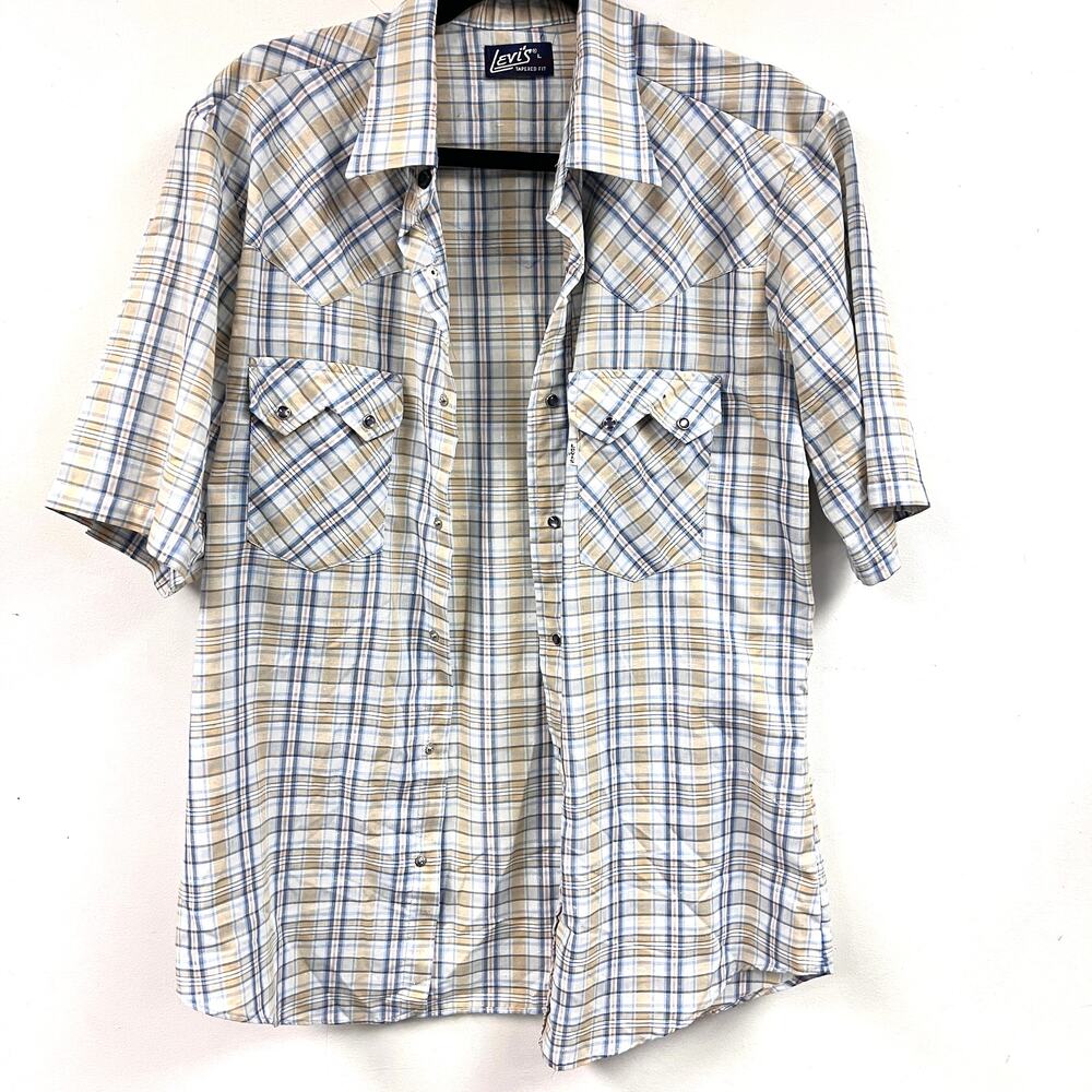Vintage Men's Levi's L slim fit pearl snap short sleeve button down plaid blue